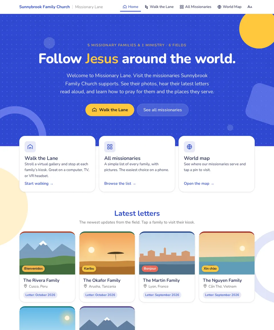 The Sunnybrook Family Church gallery: a bright blue welcome block with a large yellow circle and other shapes, a white top bar, rounded friendly lettering, yellow pill buttons and soft rounded cards.