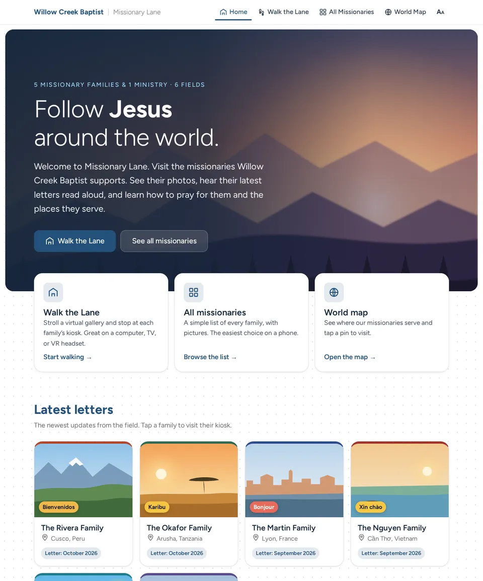 The Willow Creek Baptist gallery: a white top bar, a rounded photo welcome panel that fades to navy on the left behind left-aligned words, rounded raised cards and a light dotted background.