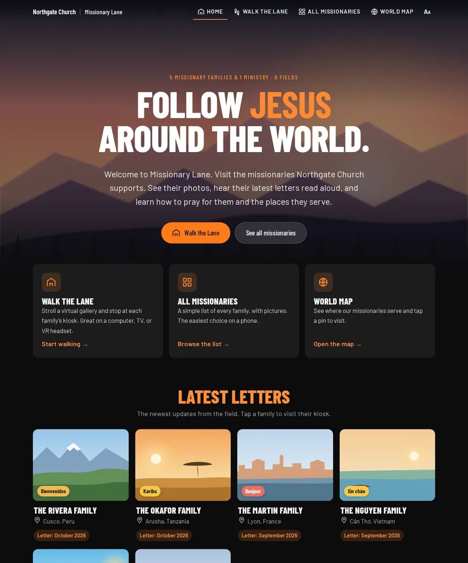 The Northgate Church gallery: a dark page with a full-width photo welcome, large capital-letter headings in a condensed font, orange pill buttons, and missionary photo cards without boxes.